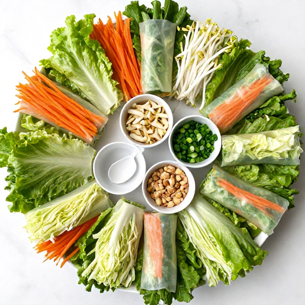 Raw ingredients for fresh lettuce wrapped veggie spring rolls on a marble surface