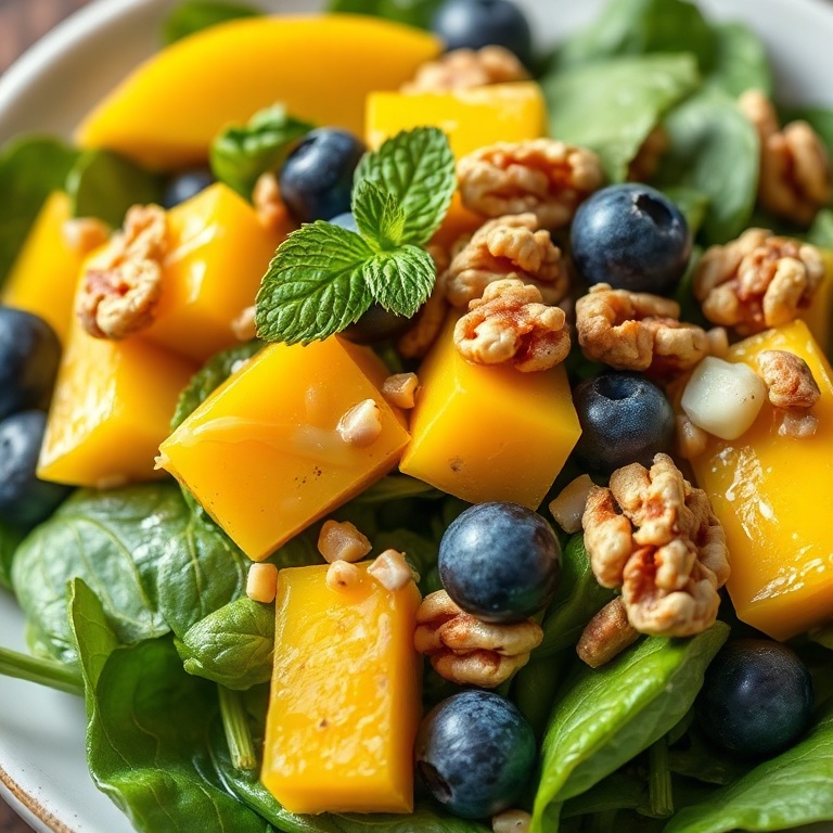 Fresh Mango Blueberry Spinach Salad with honey walnut dressing. Garnished with walnuts and fresh mint.