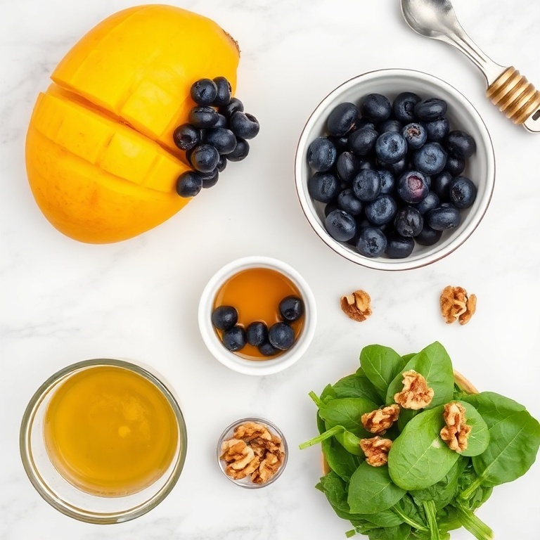 Fresh mango, blueberries, baby spinach, walnuts, and honey for the salad dressing. All ingredients arranged in a flat lay.