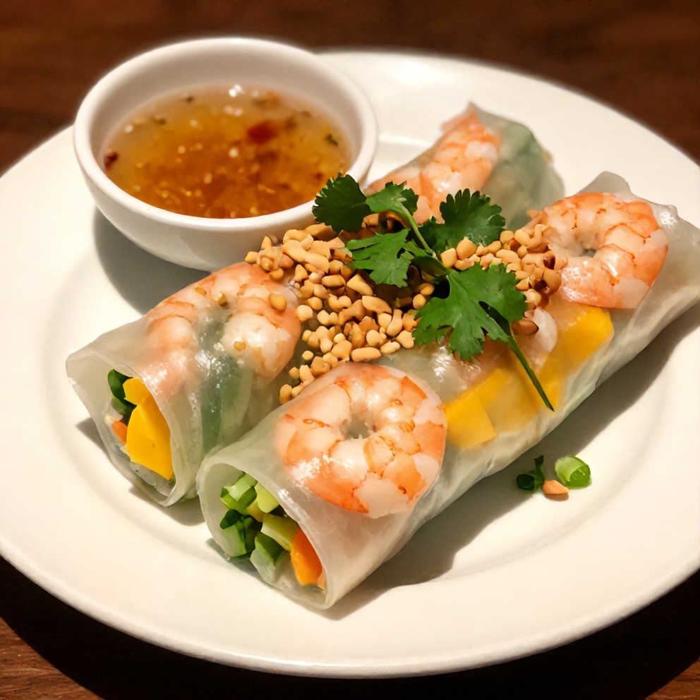 Plated Fresh Mango Shrimp Summer Rolls with tangy dipping sauce