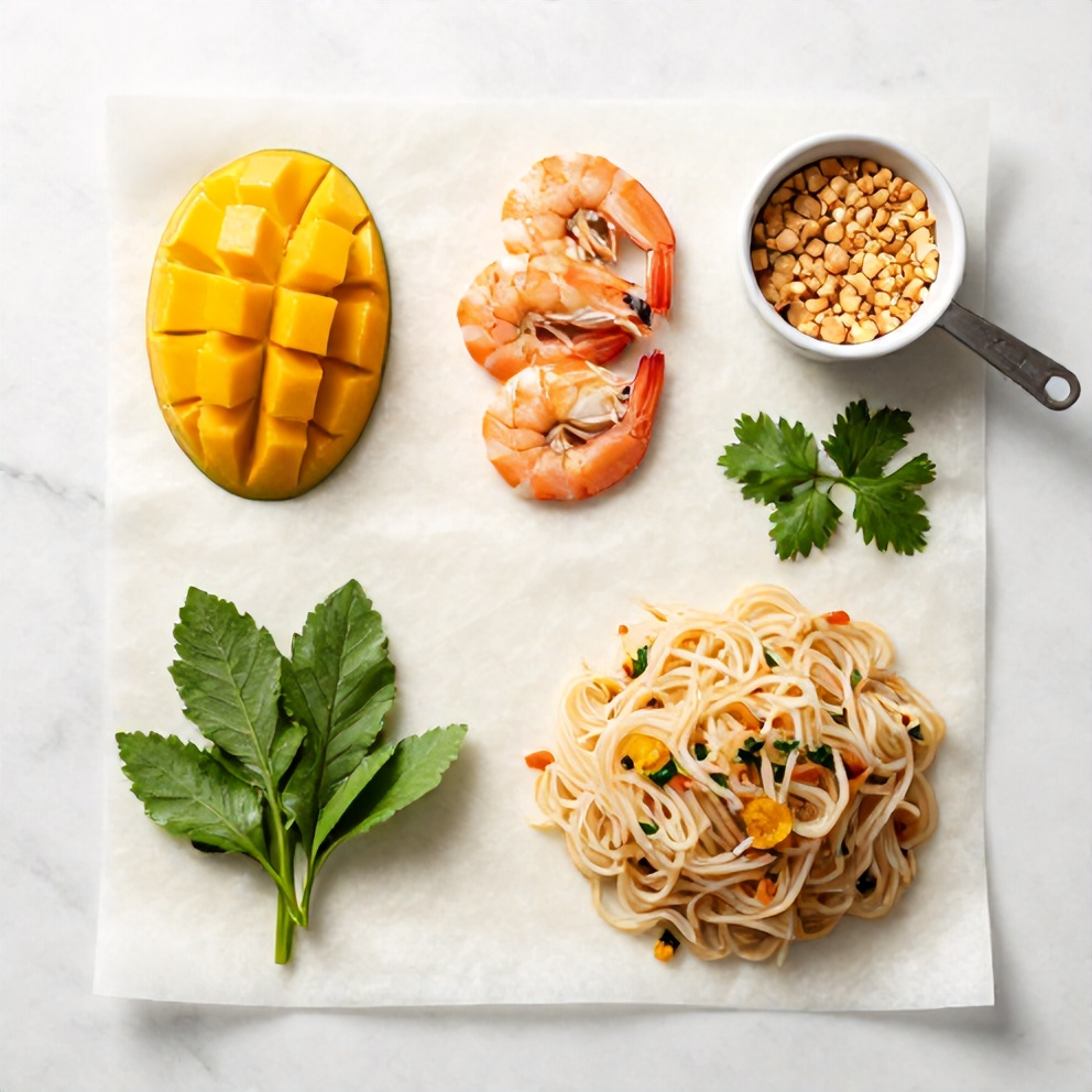 Rice paper, mango, shrimp, herbs, and vermicelli noodles arranged in a flat lay