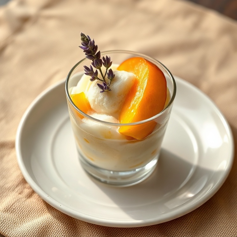 One serving of frozen lavender honey peach cup garnished with lavender sprig in a clear cup on light summer table