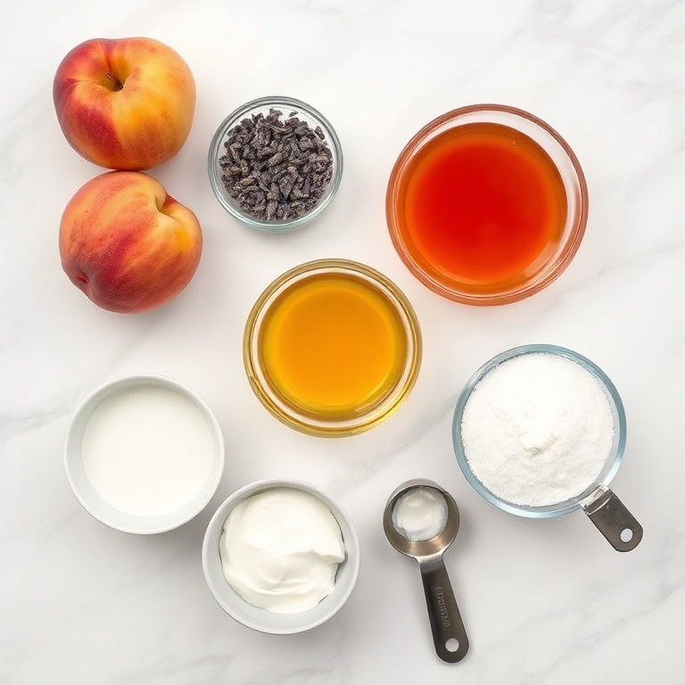 Raw ingredients for frozen lavender honey peach cups laid out overhead including fresh peaches, lavender buds, honey, heavy cream and sugar