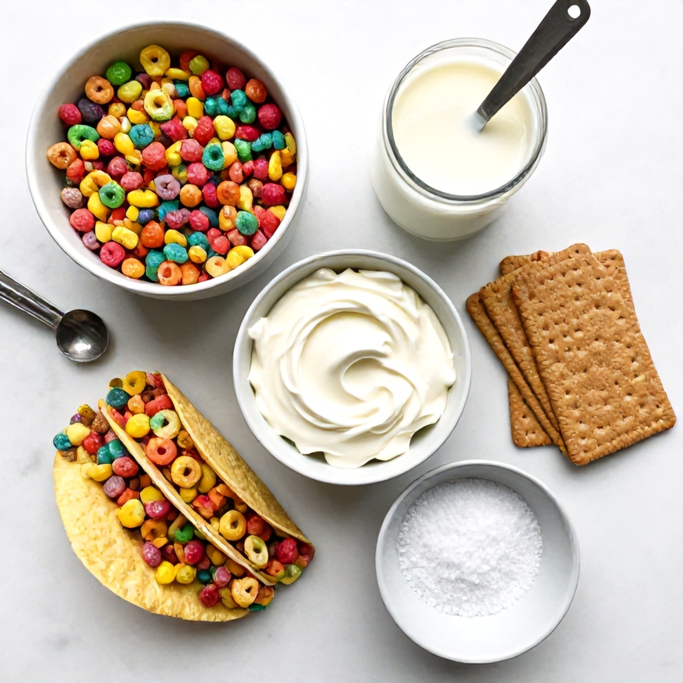 Fruity Pebbles, cream cheese, graham crackers, and other ingredients for the dessert