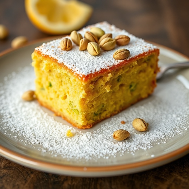 A perfectly plated gooey pistachio butter cake with a dusting of powdered sugar and a pistachio garnish.