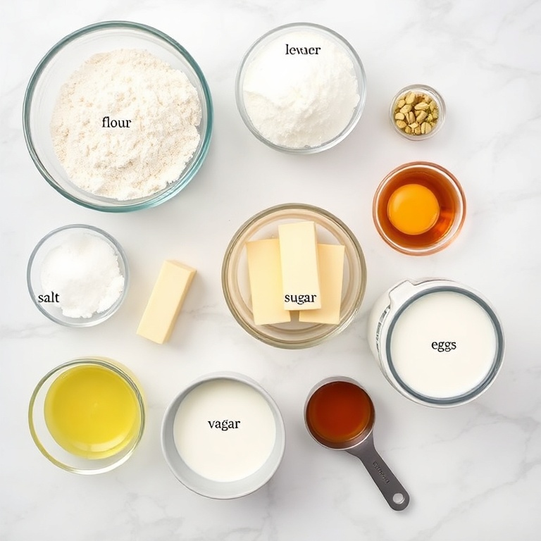 All raw ingredients for a gooey pistachio butter cake arranged in an overhead flat lay.