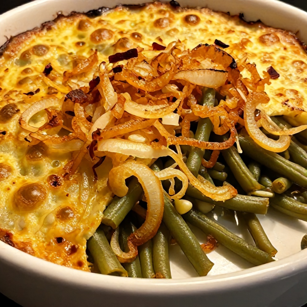 Plated green bean casserole with crispy onions on top