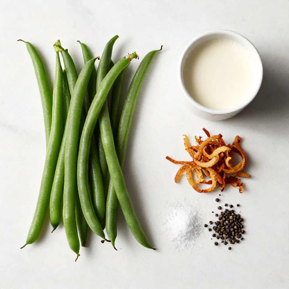 Raw ingredients for green bean casserole: green beans, cream of mushroom soup, milk, crispy fried onions, salt, pepper