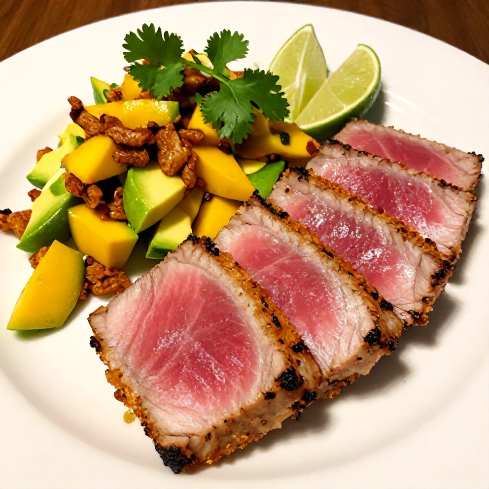 Plated Grilled Tuna Steak with Mango Avocado Salsa