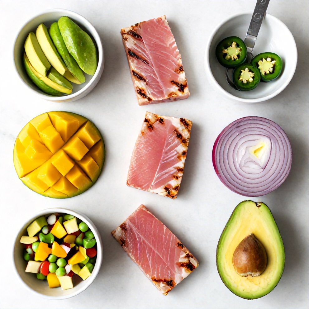 Raw Ingredients for Grilled Tuna Steak with Mango Avocado Salsa