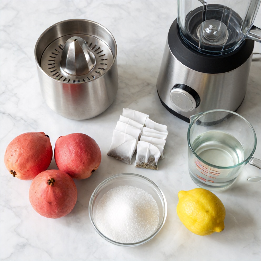 Guava, white tea bags, lemons, sugar, and water on a marble surface