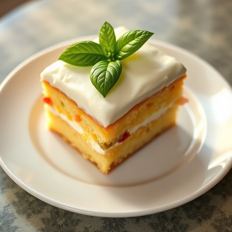 A perfectly plated serving of Hawaiian Guava Cake with Cream Cheese Frosting. Fresh basil leaves on top. White porcelain plate with warm side lighting. Photorealistic food photography.