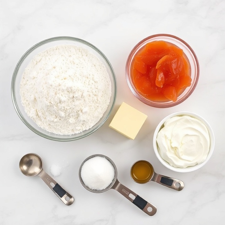 Raw ingredients for Hawaiian Guava Cake. Flour, guava paste, butter, sugar, and cream cheese. Measuring spoons and cups on a white marble surface. Bright even light.