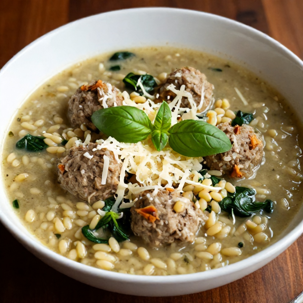 Hearty Turkey Meatball Soup with Orzo and Spinach plated