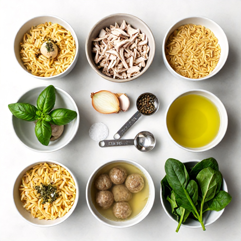 Raw ingredients for Hearty Turkey Meatball Soup with Orzo and Spinach