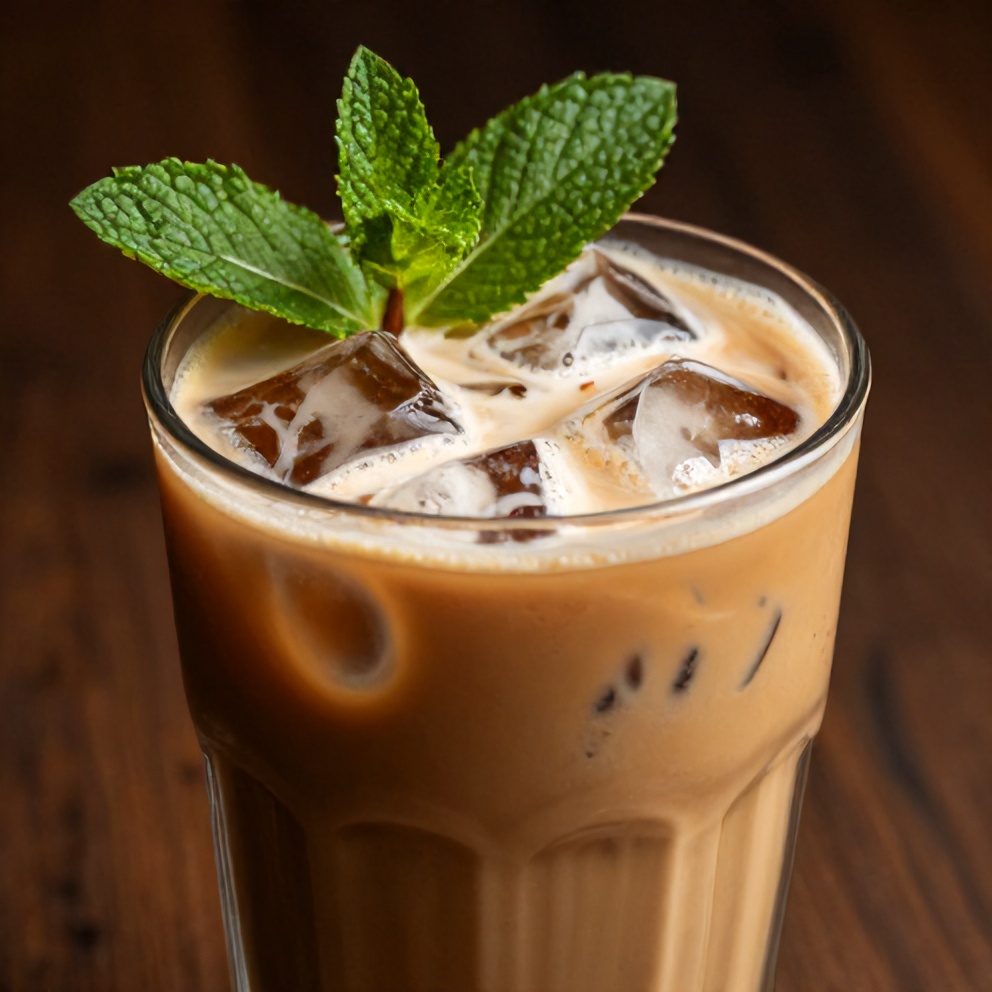 Hibiscus Cardamom Iced Latte poured over ice in a glass