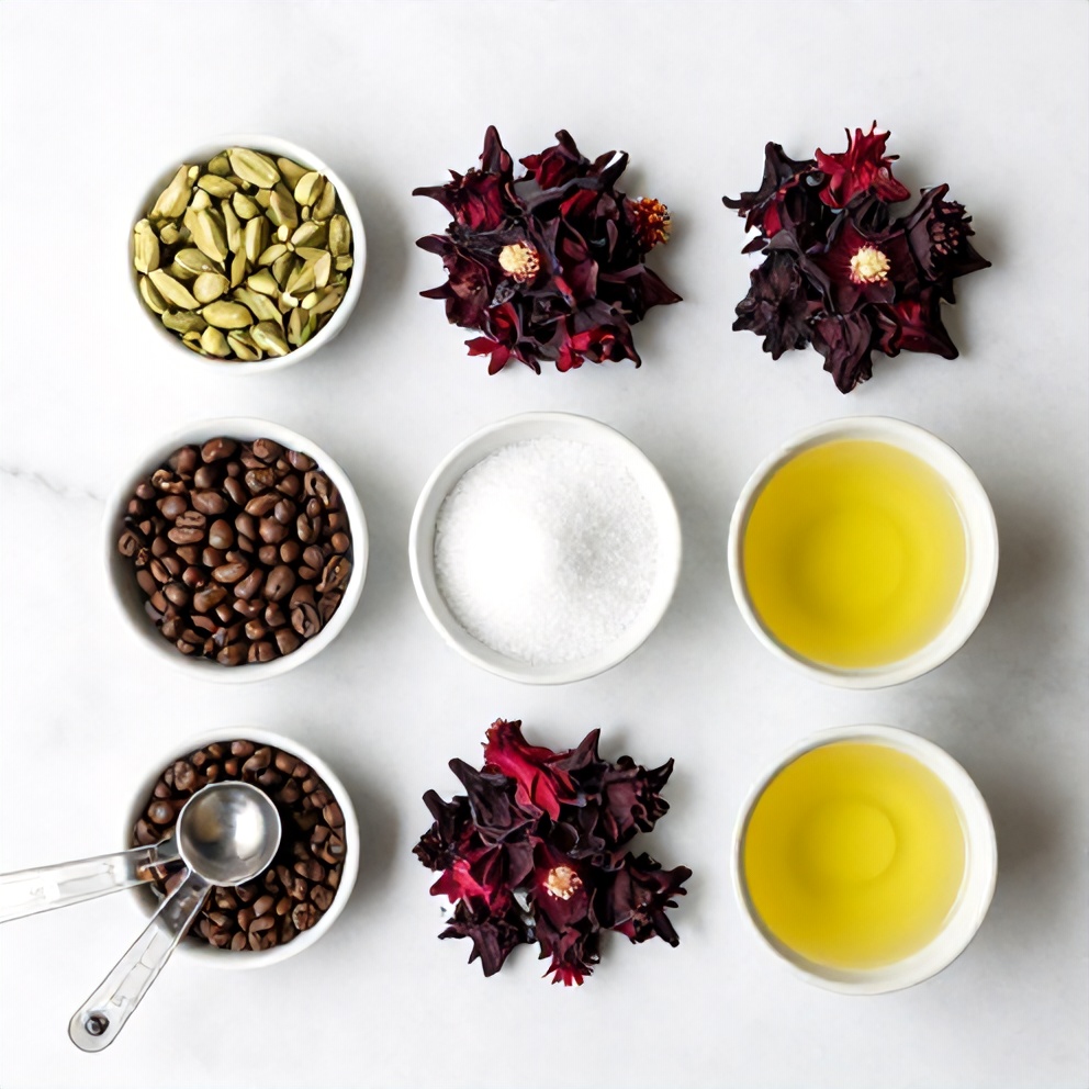 Hibiscus flowers, cardamom pods, coffee beans, sugar, and lemon juice arranged on a white marble surface