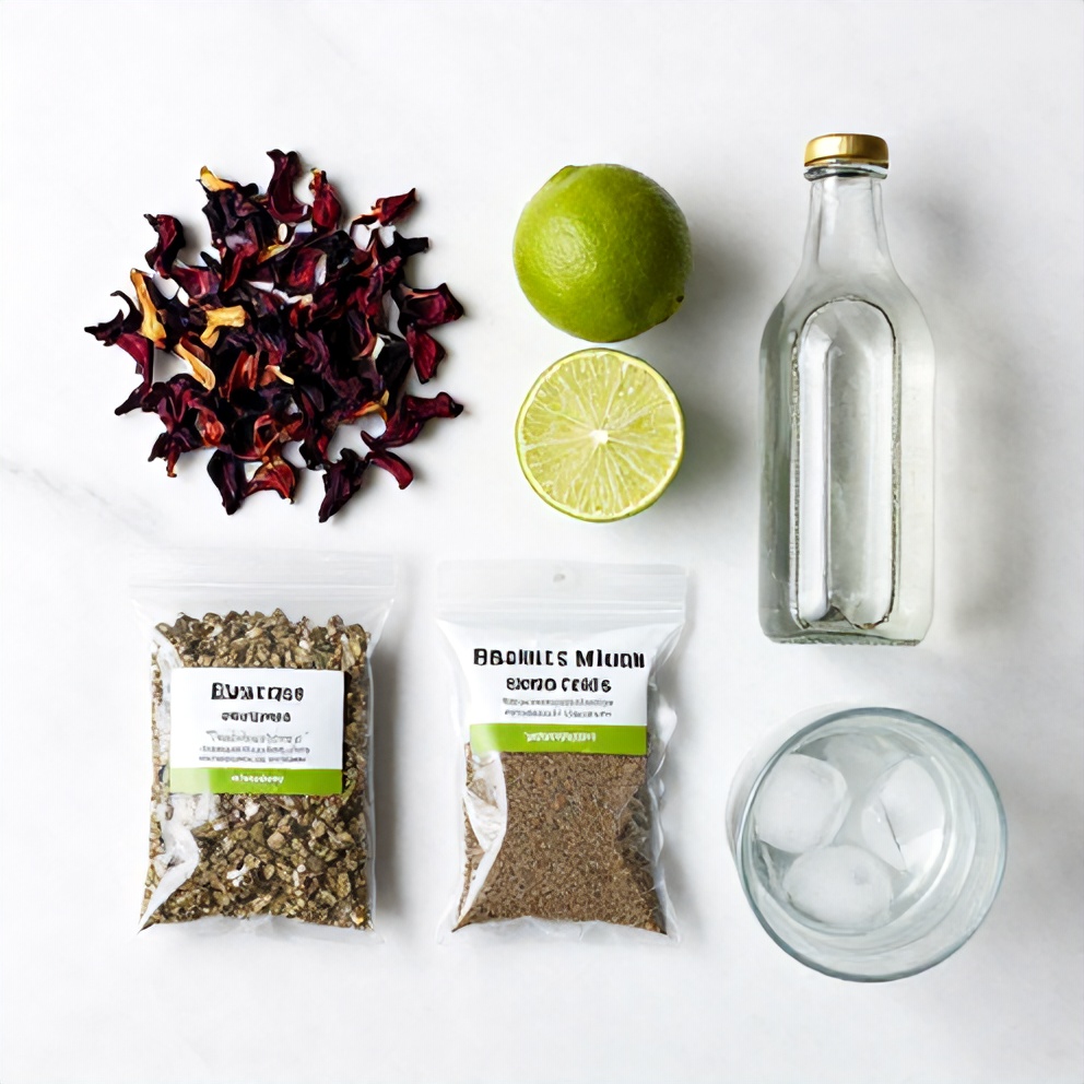 Hibiscus flowers, lime, stevia, sparkling water, and ice