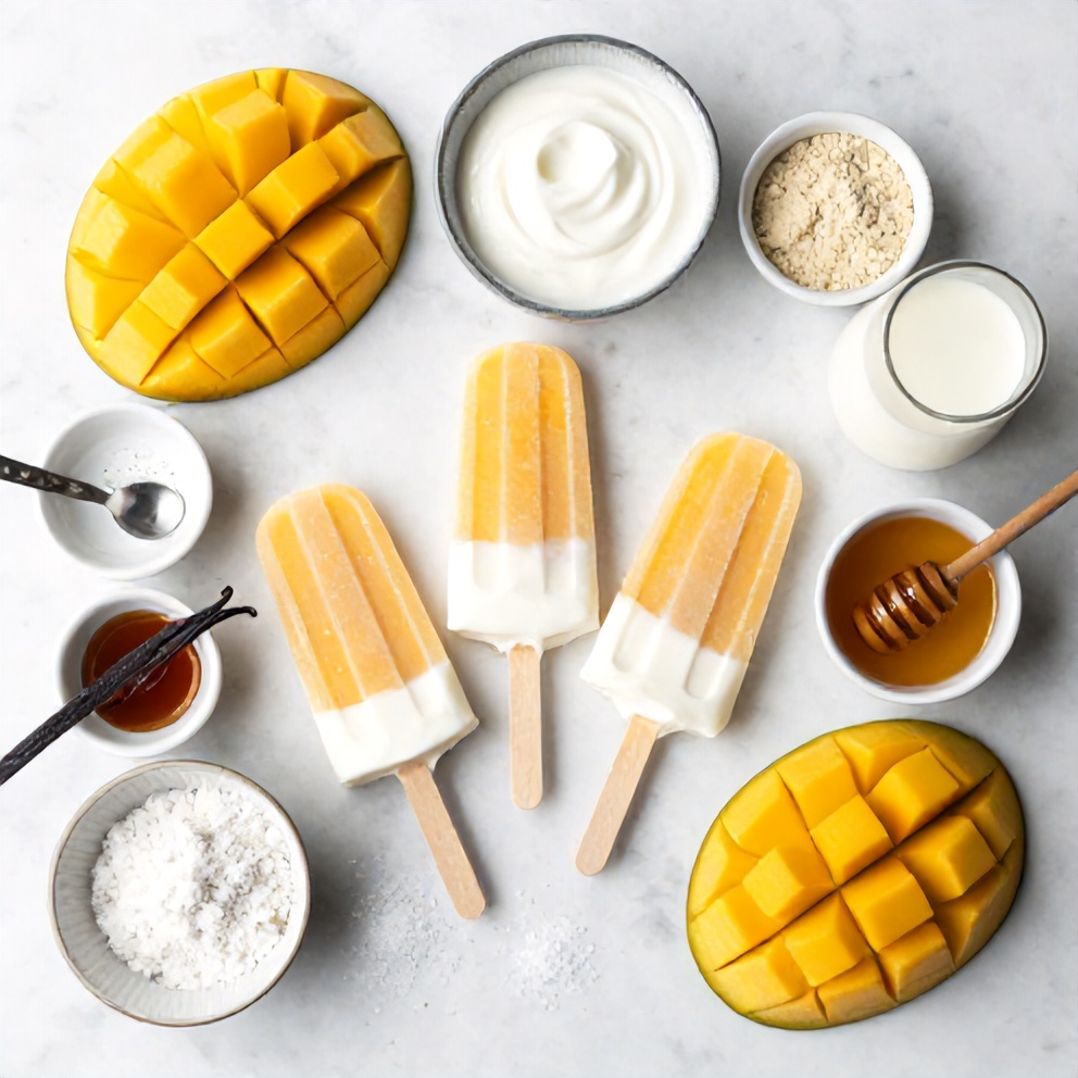 Raw ingredients for High Protein Mango Greek Yogurt Popsicles on a marble surface