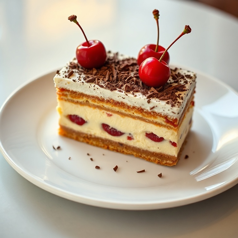 A single slice of tiramisu on a white ceramic plate. Fresh cherries and chocolate shavings top the creamy layers.