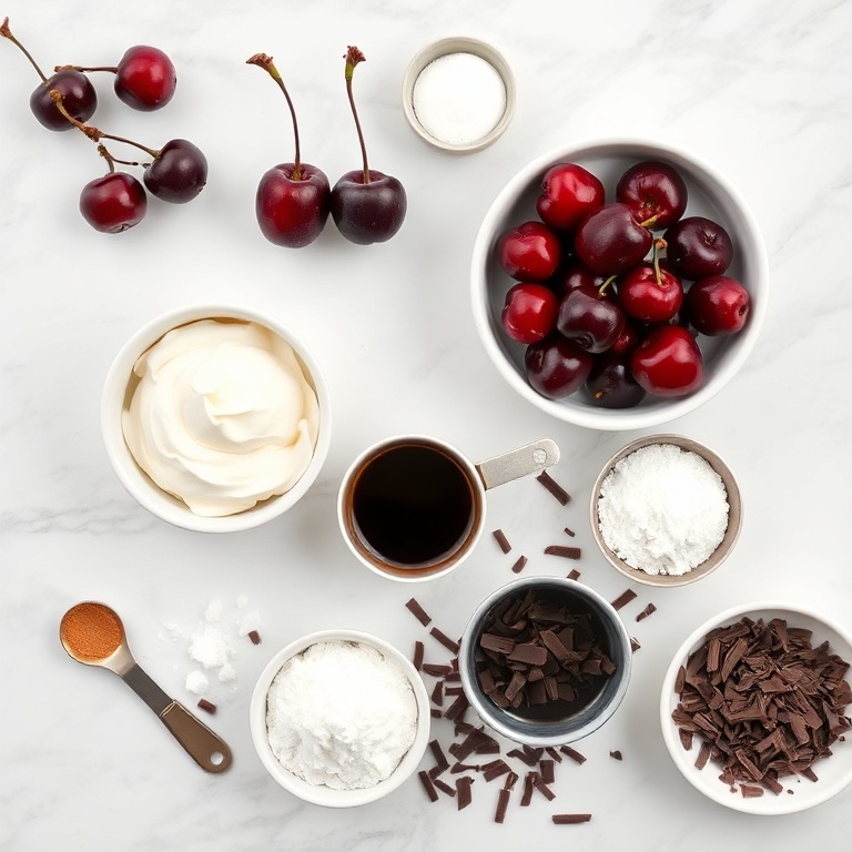 A flat lay of cherries, mascarpone, coffee, ladyfingers, chocolate shavings, and sugar. Measuring spoons and bowls add context.