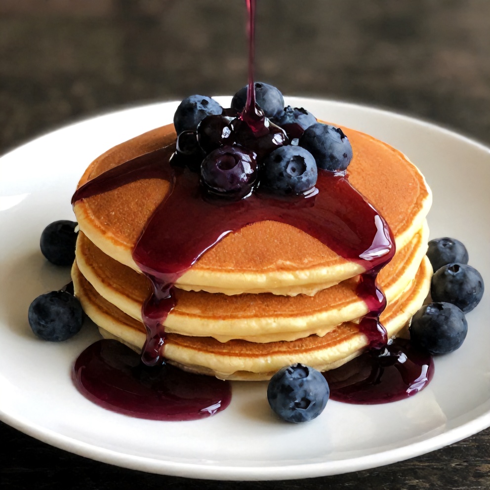Blueberry syrup poured over pancakes