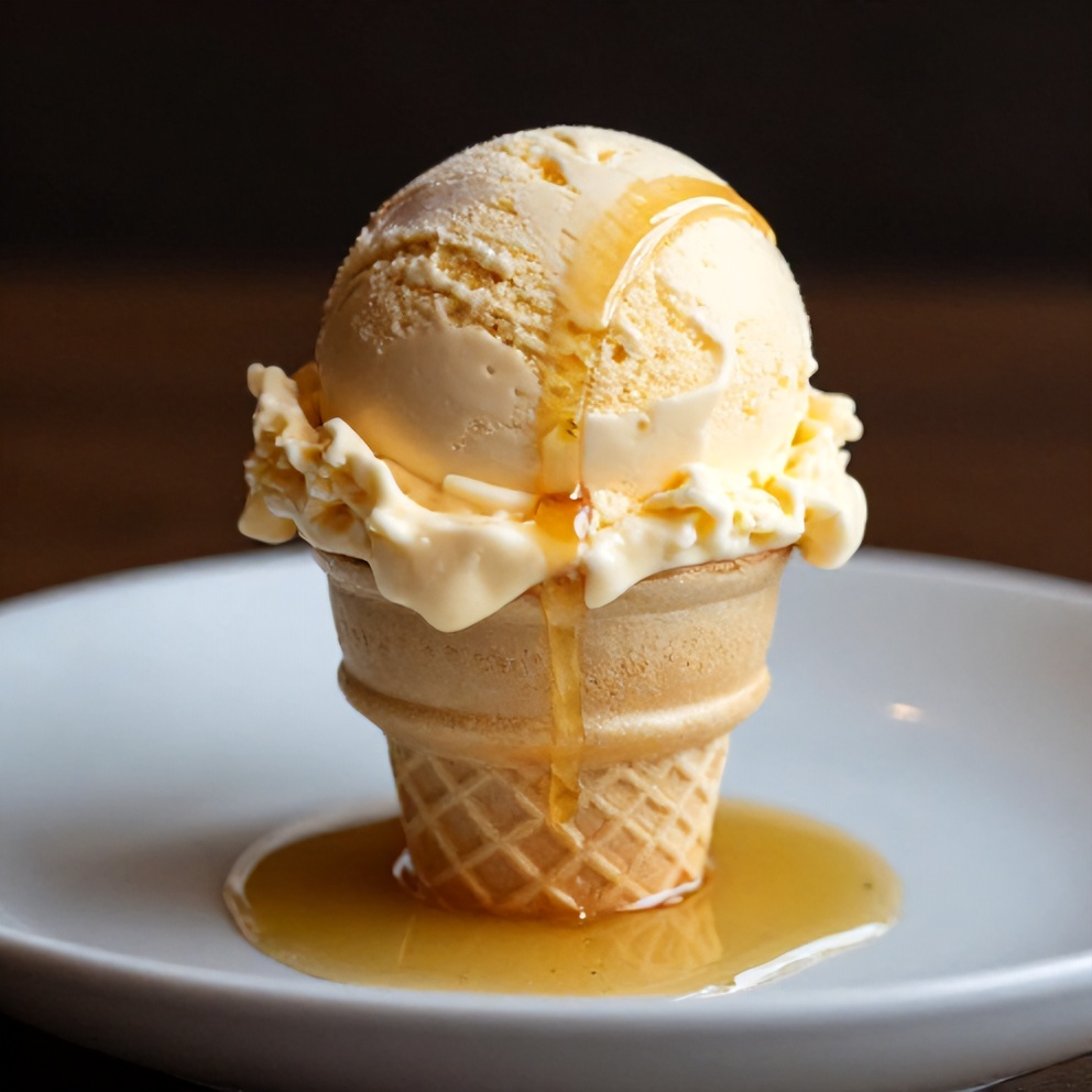 Honey lavender ice cream scooped into a cone with a drizzle of honey