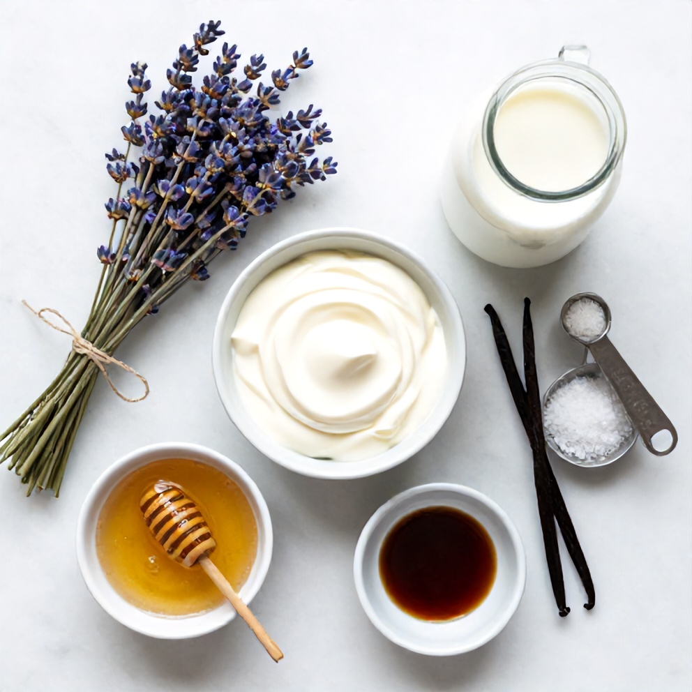Honey, fresh lavender, heavy cream, and other ingredients for honey lavender ice cream