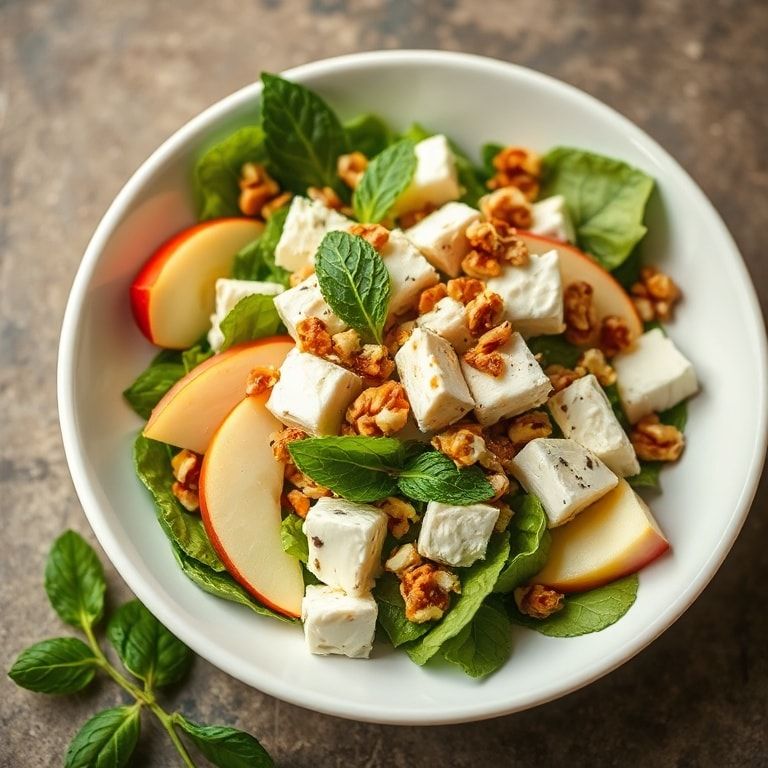 Plated honeycrisp apple and feta salad garnished with chopped walnuts in a white bowl