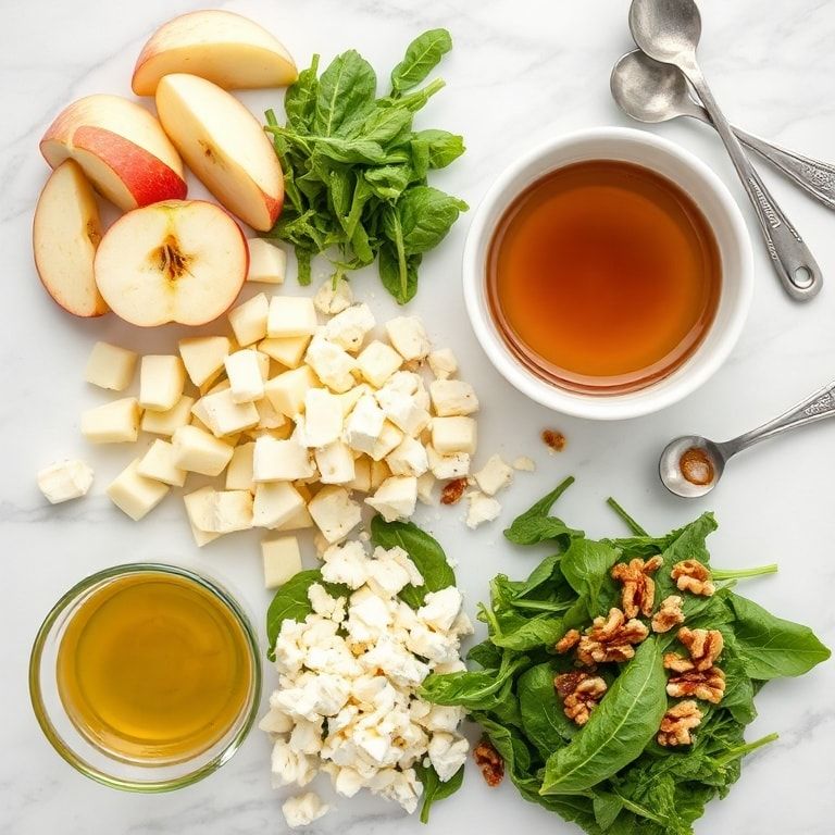 Raw honeycrisp apples, feta cheese, mixed greens, walnuts, vinaigrette in prep bowls laid out overhead