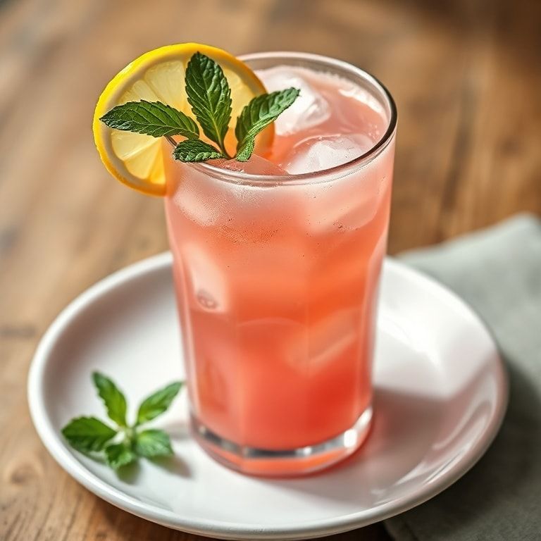 A glass filled with iced guava white tea lemonade garnished with lemon wedge and mint