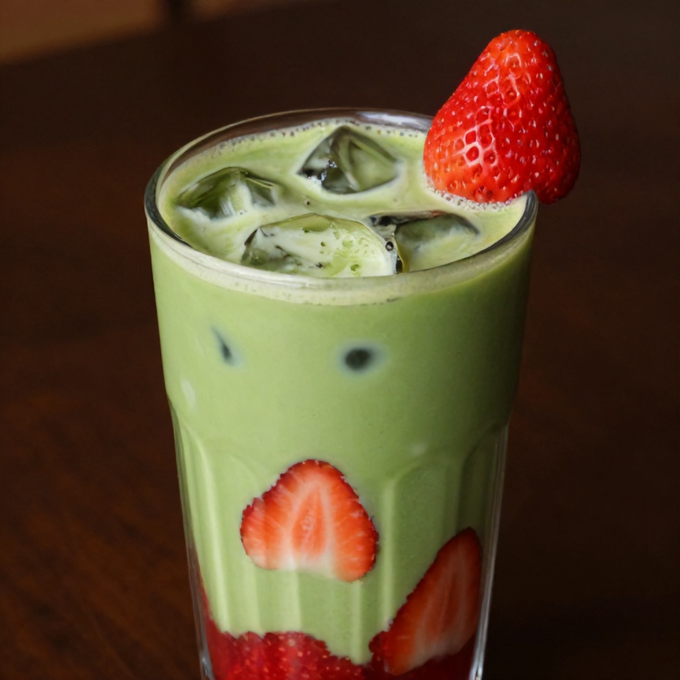 Iced Matcha Strawberry Latte garnished with a strawberry