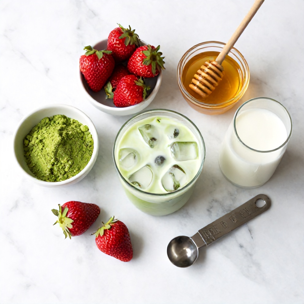 Matcha powder, fresh strawberries, milk, honey, ice cubes
