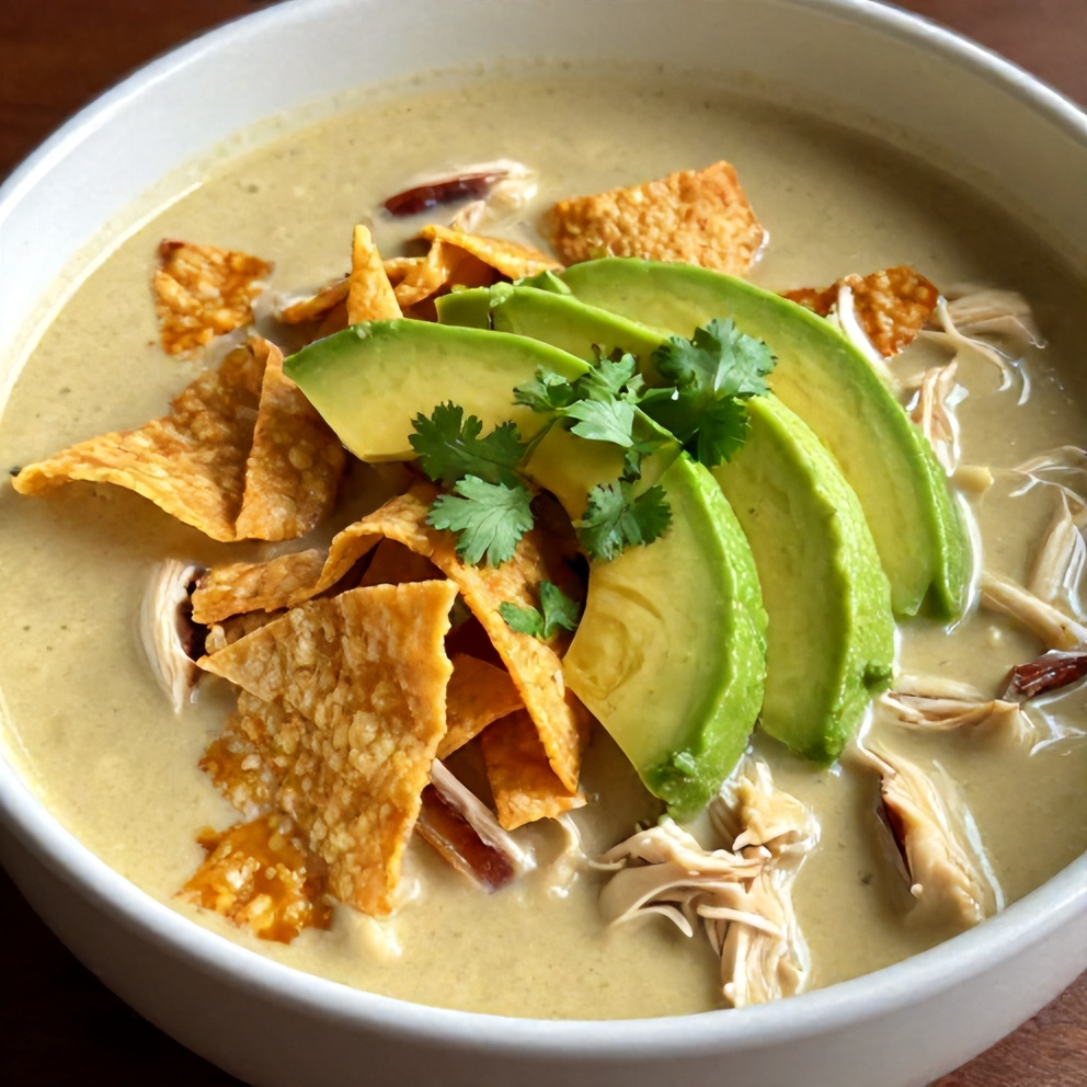 Bowl of Instant Pot Chicken Tortilla Soup topped with crispy tortilla strips, avocado, and fresh cilantro