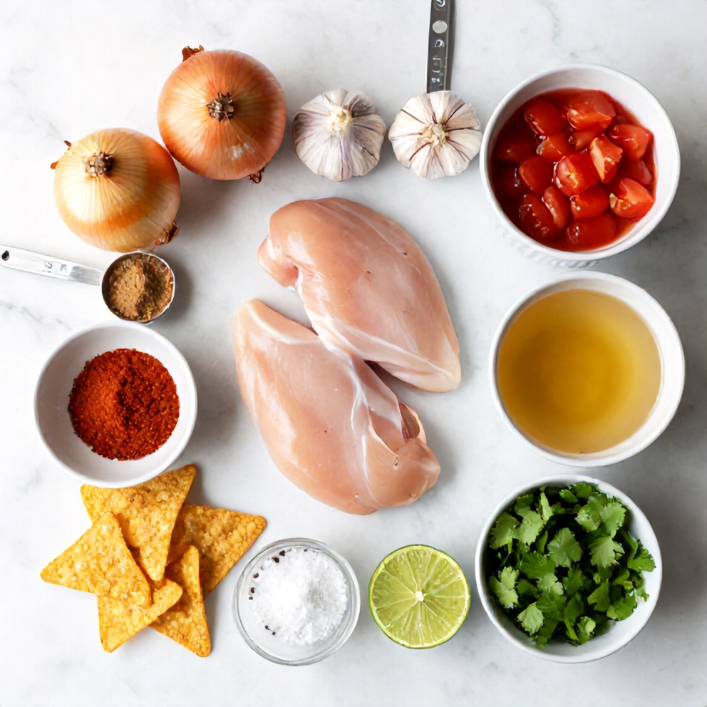 Raw ingredients for Instant Pot Chicken Tortilla Soup including chicken breasts, tortilla chips, and canned tomatoes