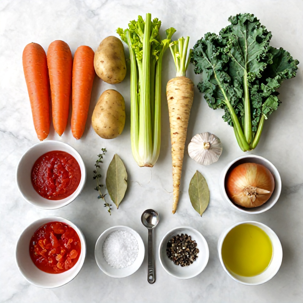 Raw ingredients for Irish Vegetarian Stew on a marble surface