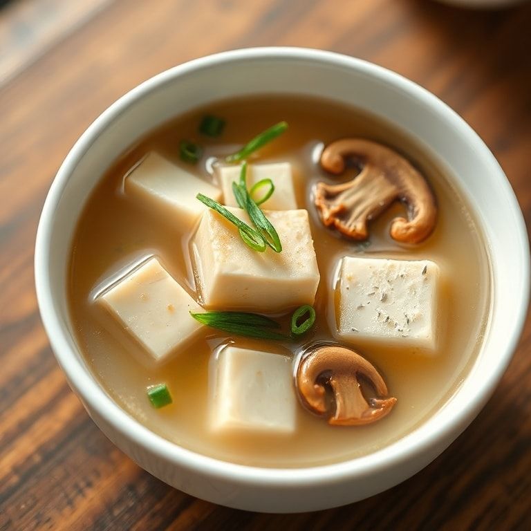 Bowl of Japanese Shiitake Tofu Clear Soup garnished with sliced green onions