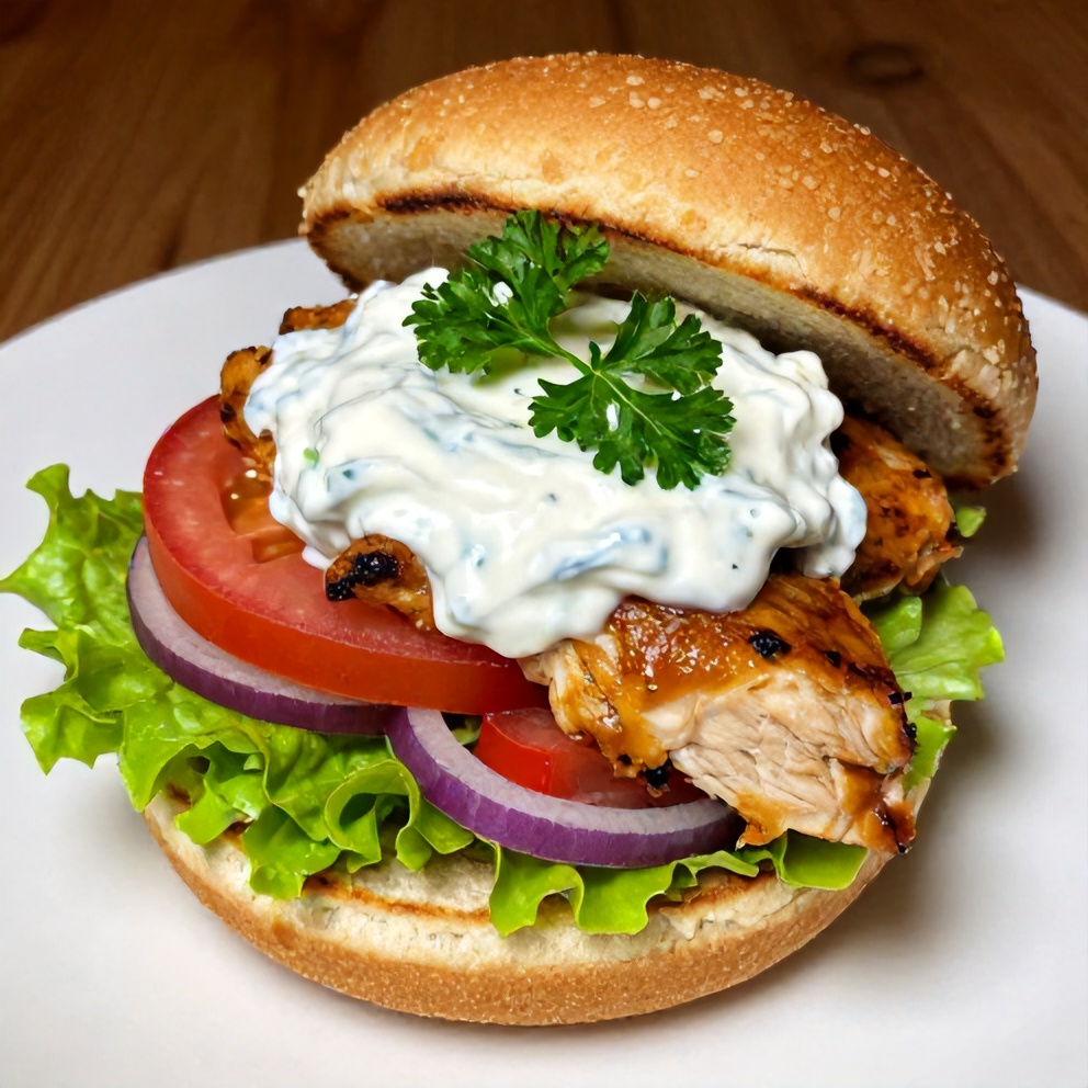 Plated Greek chicken burger with tzatziki sauce