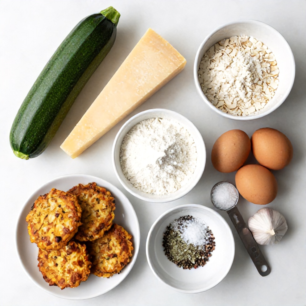 Raw ingredients for Keto Zucchini Parmesan Fritters laid out