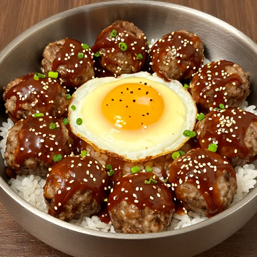 Korean BBQ Meatball Rice Bowl plated with green onions