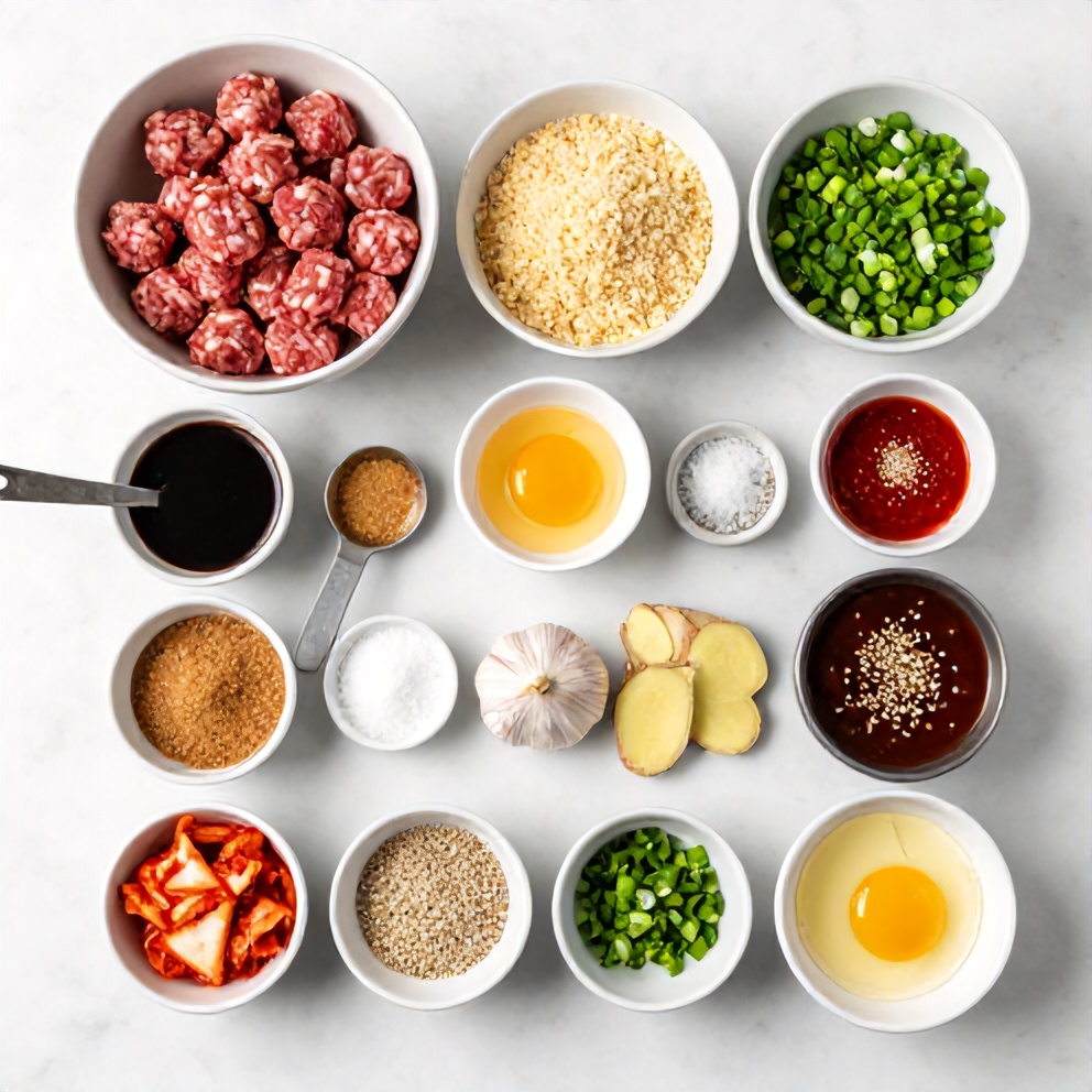 Raw ingredients for Korean BBQ Meatball Rice Bowls on a marble surface