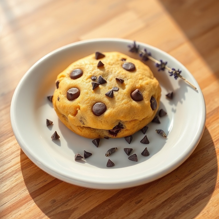 One golden Lavender Chocolate Chip Cookie on white plate garnished with lavender buds under warm side lighting showing crispy texture