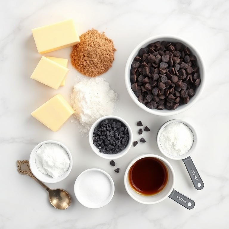 Overhead flat lay of raw ingredients including butter, brown sugar, white sugar, chocolate chips, dried lavender with prep bowls and measuring spoons on white marble surface