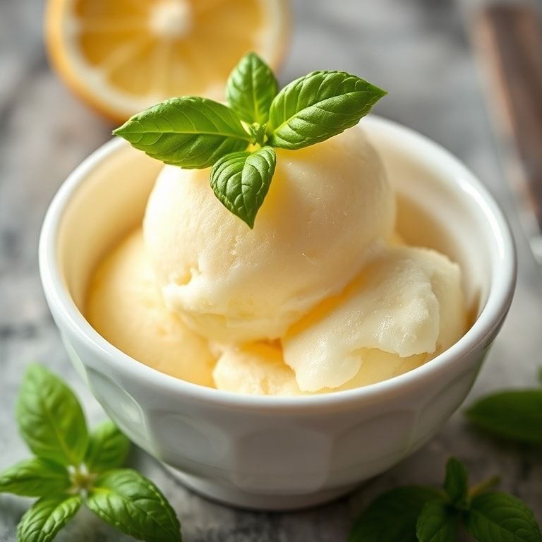 Single scoop of lemon basil sorbet in white bowl with fresh basil leaf on top