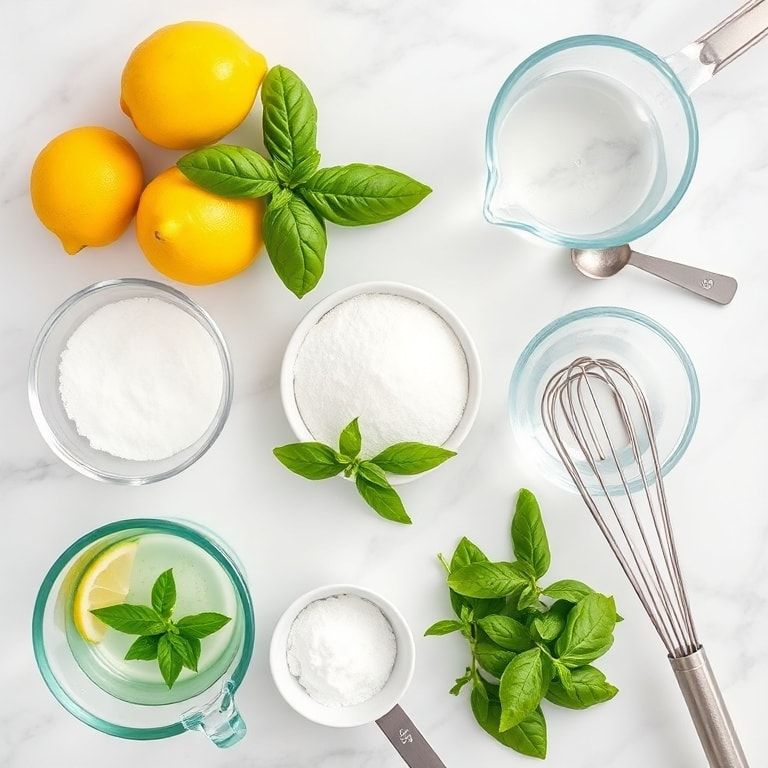 Raw ingredients for lemon basil sorbet including lemons, fresh basil, sugar, and water arranged on white surface