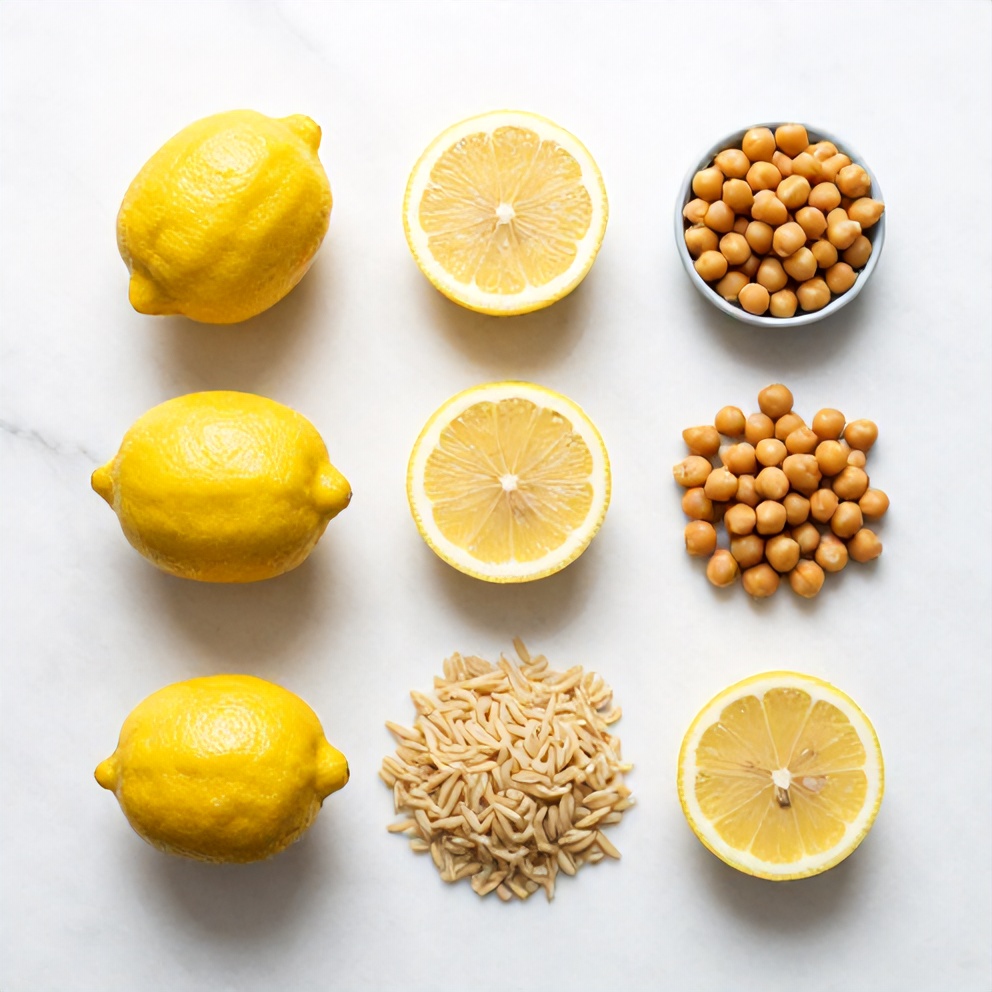 Raw ingredients for Lemon Chickpea Orzo Soup on a marble surface