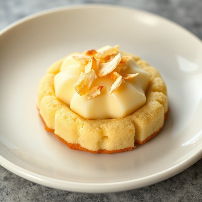 One plated lemon coconut cheesecake cookie garnished with toasted coconut flakes on white ceramic plate