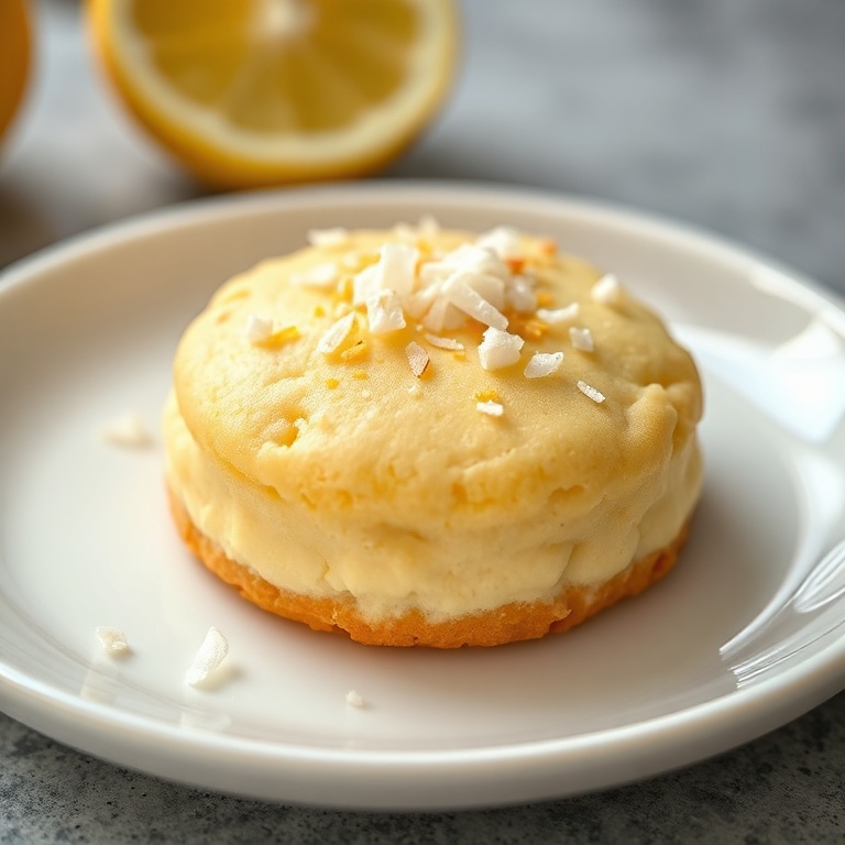 Single lemon coconut cheesecake cookie garnished with shredded coconut on a white ceramic plate