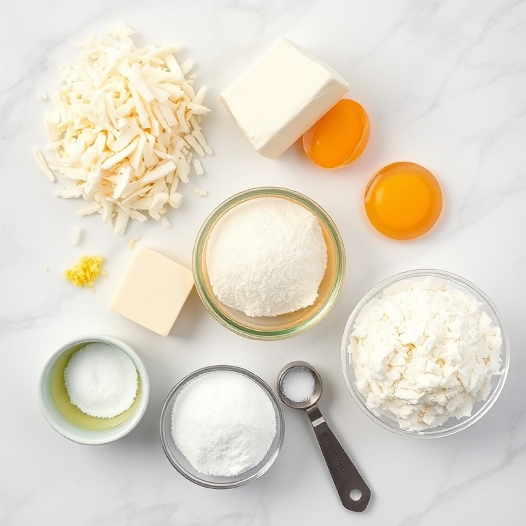 Raw ingredients for lemon coconut cheesecake cookies including shredded coconut, cream cheese, lemon zest, flour, sugar, eggs