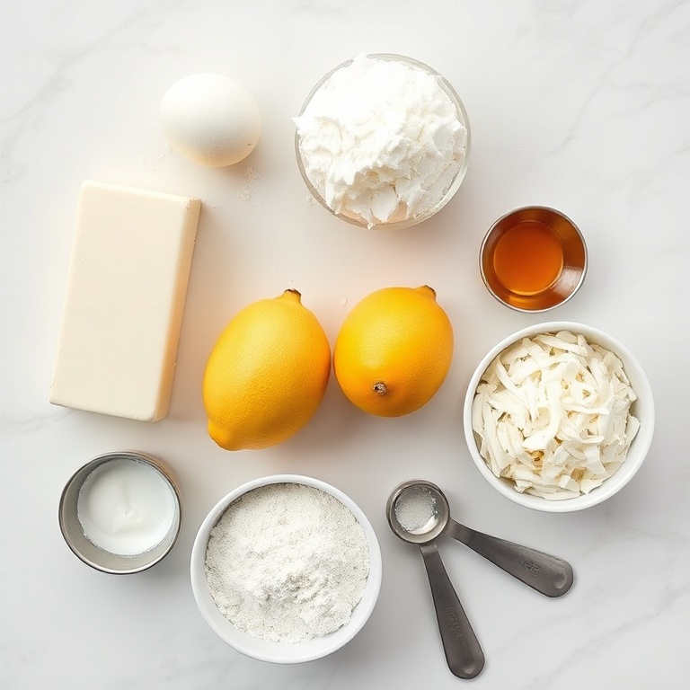 Raw ingredients for lemon coconut cheesecake cookies with cream cheese, shredded coconut, lemons, sugar, and butter arranged on white marble surface